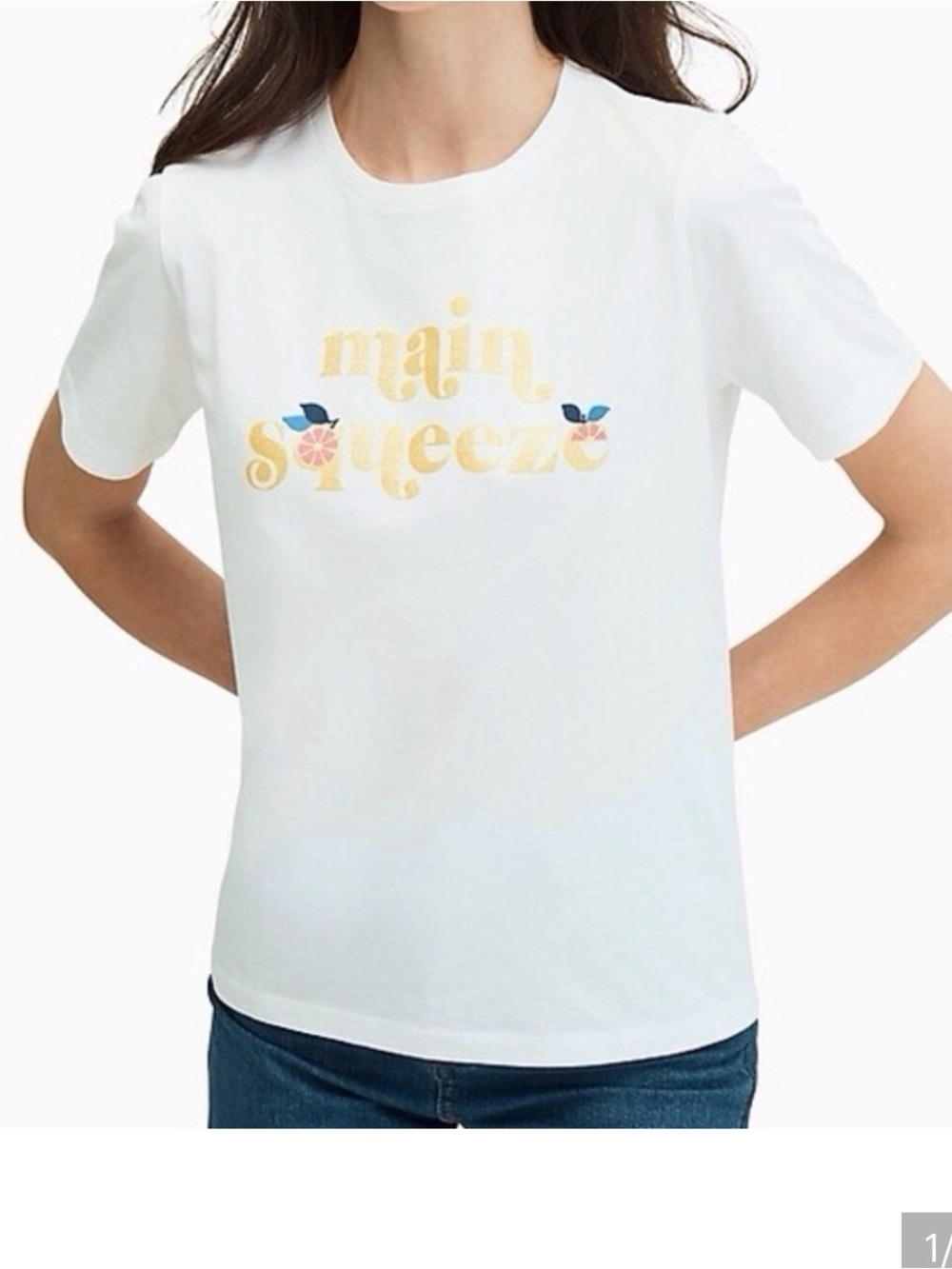 kate spade white tee with yellow "main squeeze" graphic and navy accents